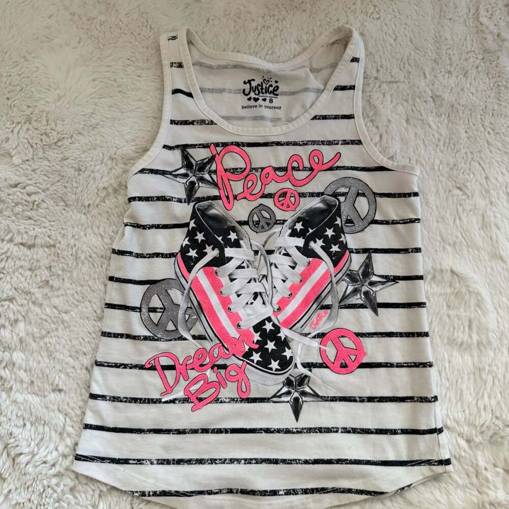 Justice Girls White and Black Striped Tank Top with Peace and Sneaker Graphic Pr